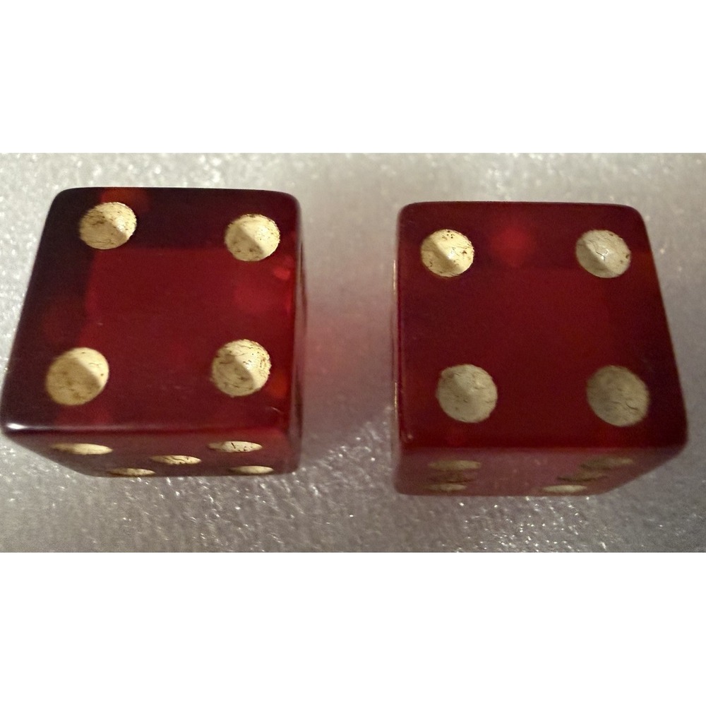 Vintage Red Bakelite Dice Pair 5/8" Translucent Cherry Red White Pips Tested - Picture 2 of 6